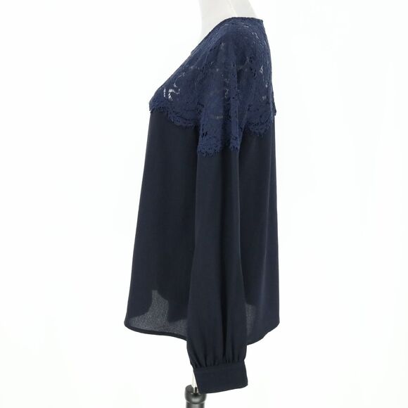 Lulus Top Womens Medium Navy Blue Lace Yoke Crepe Blouse Pullover Romantic - Picture 5 of 15